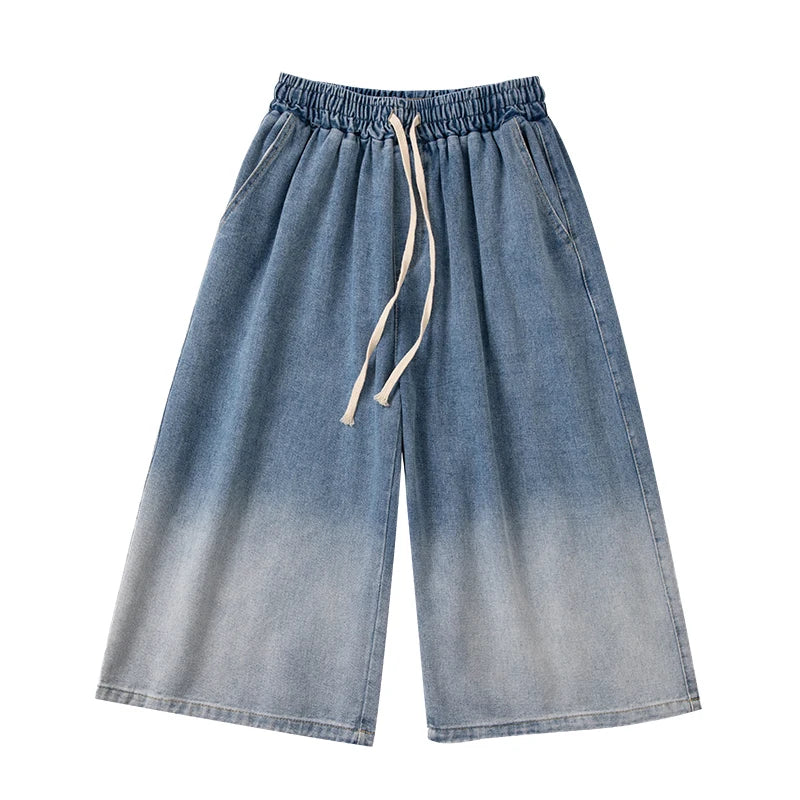 Hearujoy Summer Gradient Jeans Shorts Male Calf Length Trousers Denim Elastic Waist Short Jean Mens Oversized Black/Blue S-2XL