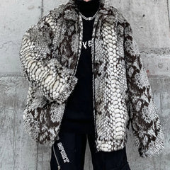 Hearujoy winter streetwear fashion hip-hop new snake print imitation fur plush warm cotton jacket male Korean long-sleeved Outerwear