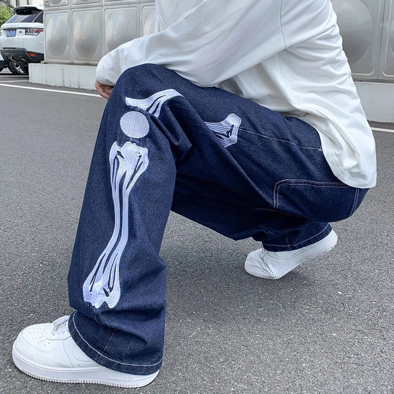 Hearujoy Jeans Men Skeleton Baggy Casual Jean Pants Mens Japan Style Streetwear Wide Leg Denim Trousers Male Vintage Blue Denim Pants