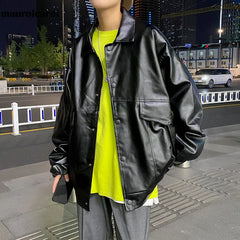 HEARUJOY  -  Spring Oversized Black Soft Waterproof Pu Leather Jacket Men Long Sleeve Casual Loose Korean Fashion Streetwear