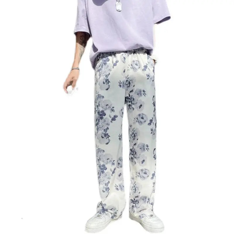 Hearujoy Spring Summer Flower Pants Men's Fashion Printed Casual Pants Men Streetwear Loose Hip-hop Straight Wide-leg Pants Mens Trousers