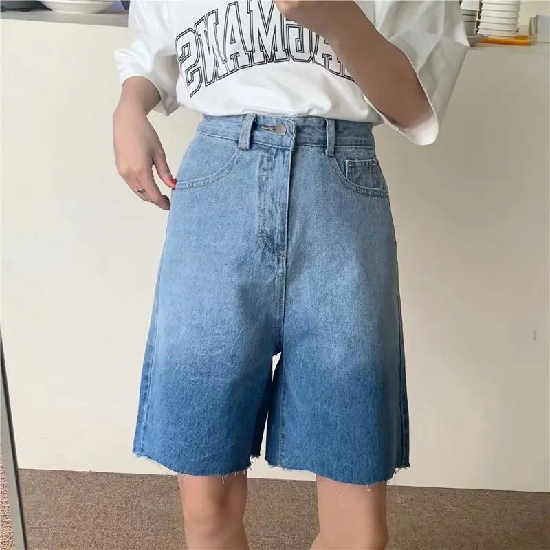 Hearujoy summer fashion streetwear hip-hop casual new plus size 4XL women’s jeans high-waist straight-leg gradient five-point pants