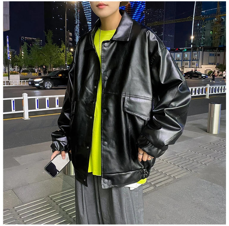 HEARUJOY  -  Spring Oversized Black Soft Waterproof Pu Leather Jacket Men Long Sleeve Casual Loose Korean Fashion Streetwear