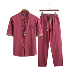 HEARUJOY  -  Mens Linen Sets Summer Men Streetwear Jogger Shirts+Long Pants Male Chinese Style 2 Pieces Hanfu Tracksuit Tang Suit 5Xl