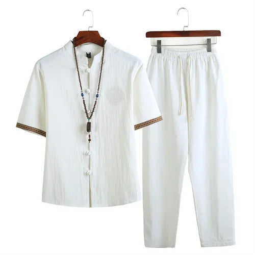 HEARUJOY  -  Mens Linen Sets Summer Men Streetwear Jogger Shirts+Long Pants Male Chinese Style 2 Pieces Hanfu Tracksuit Tang Suit 5Xl