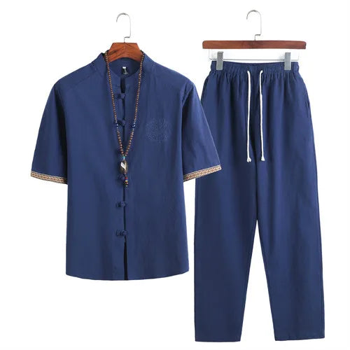 HEARUJOY  -  Mens Linen Sets Summer Men Streetwear Jogger Shirts+Long Pants Male Chinese Style 2 Pieces Hanfu Tracksuit Tang Suit 5Xl