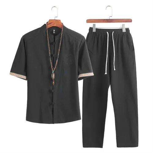 HEARUJOY  -  Mens Linen Sets Summer Men Streetwear Jogger Shirts+Long Pants Male Chinese Style 2 Pieces Hanfu Tracksuit Tang Suit 5Xl