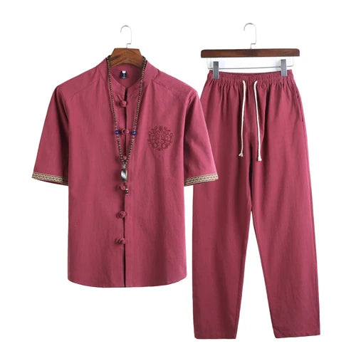 HEARUJOY  -  Mens Linen Sets Summer Men Streetwear Jogger Shirts+Long Pants Male Chinese Style 2 Pieces Hanfu Tracksuit Tang Suit 5Xl