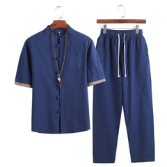 HEARUJOY  -  Mens Linen Sets Summer Men Streetwear Jogger Shirts+Long Pants Male Chinese Style 2 Pieces Hanfu Tracksuit Tang Suit 5Xl