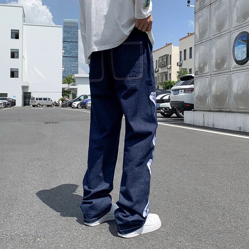 Hearujoy Jeans Men Skeleton Baggy Casual Jean Pants Mens Japan Style Streetwear Wide Leg Denim Trousers Male Vintage Blue Denim Pants