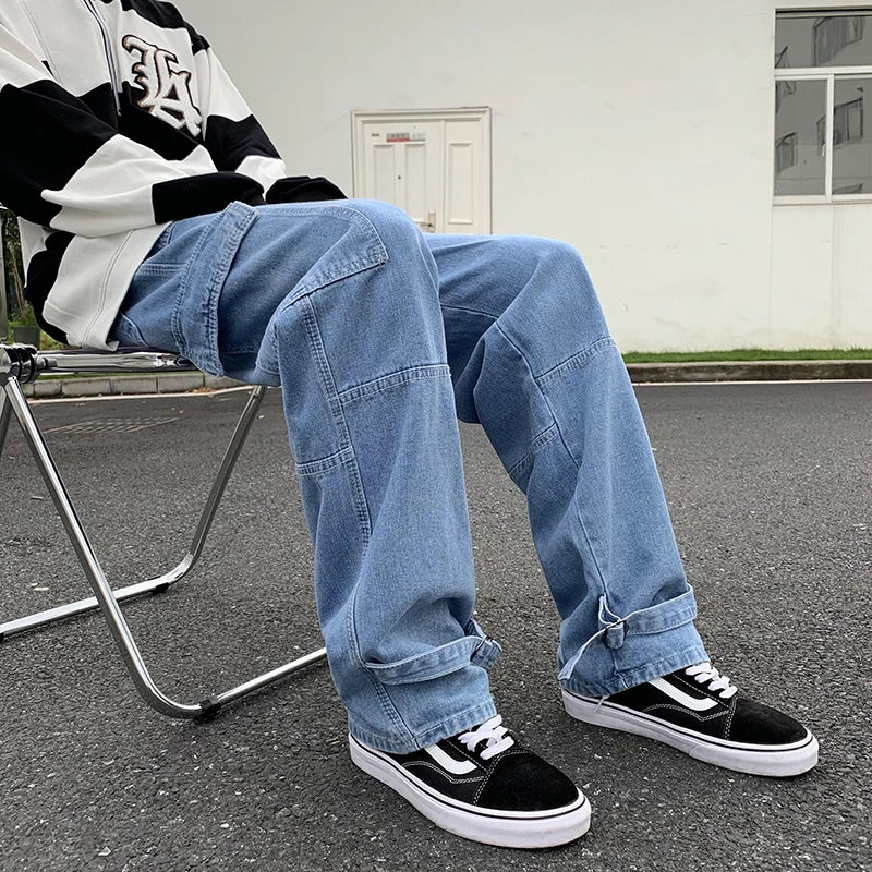 Hearujoy Men Wide Leg Jeans Hip Hop Casual Men's Straight Baggy Denim Pants Streetwear Skateboard Pant Neutral Trousers Plus Size S-5XL