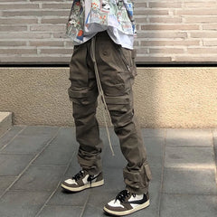 Hearujoy High Street Multi-pocket Drawstring Overalls Mens Straight Vibe Style Oversize Casual Cargo Pants Hip Hop Loose Baggy Trousers