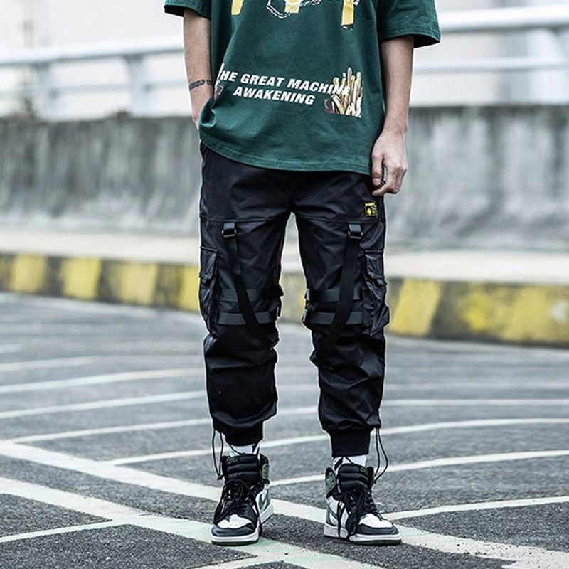 Hearujoy Cargo Pants Men Joggers Streetwear Ankle-length Pants Ribbons Elastic Waist Black Pant Hip Hop Male DG166