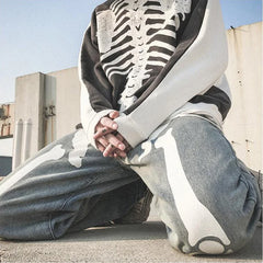 Hearujoy Men Jeans Skeleton Oversized Straight jeans Black Pants Denim Mens Streetwear Hip Hop Harem Pants High Wasit Denim Pants