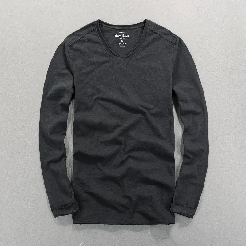 HEARUJOY  -  Fashionable Bamboo Cotton Long Sleeve Vintage T-shirts Men Casual Thin Tops Tees Comfortable Tshirt Distressed T-shirt