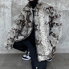 Hearujoy winter streetwear fashion hip-hop new snake print imitation fur plush warm cotton jacket male Korean long-sleeved Outerwear