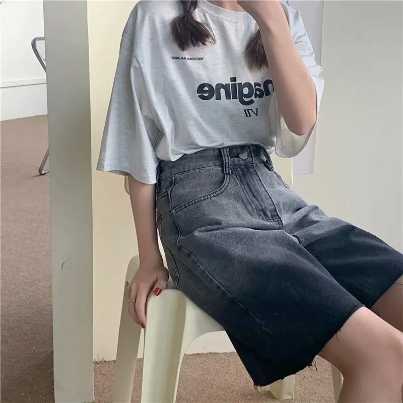 Hearujoy summer fashion streetwear hip-hop casual new plus size 4XL women’s jeans high-waist straight-leg gradient five-point pants