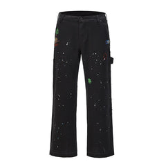 Hearujoy Streetwear Graffiti Cargo Flared Jeans Khaki Black Splash Ink Wide Leg Denim Pant Hip Hop Cargo Trousers Jean Men