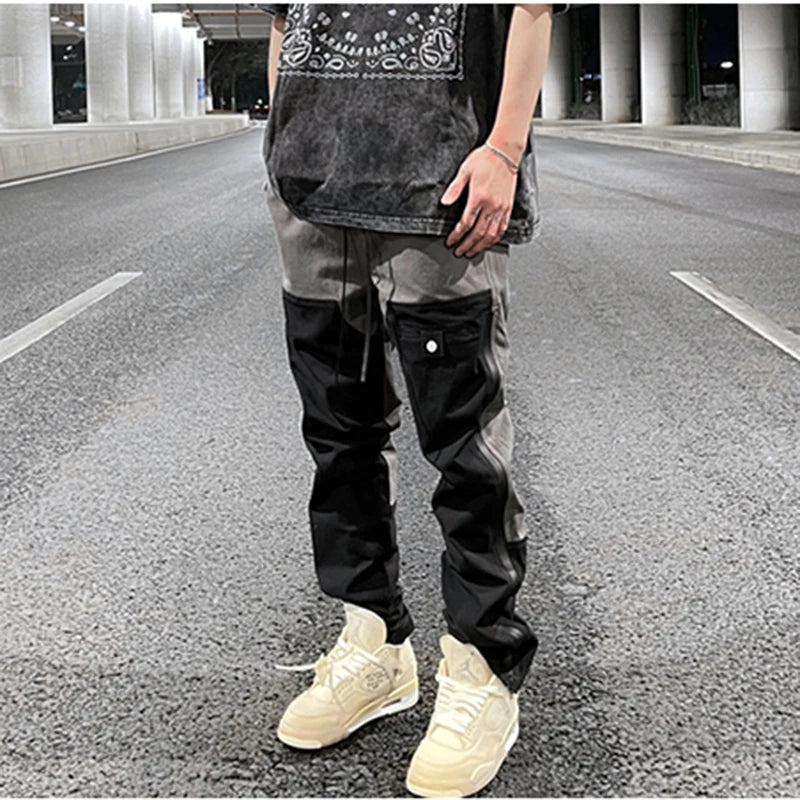 Hearujoy Ankle Zipper Color Block Streetwear Straight Casual Cargo Pants for Men Drawstring Harajuku Oversize Hip Hop Loose Trousers