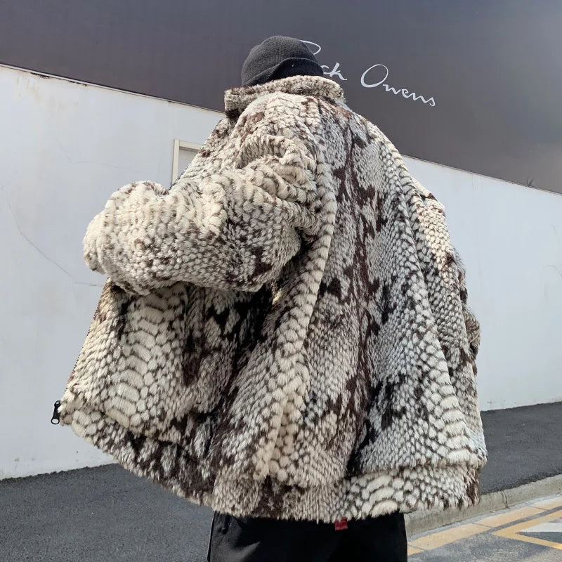 Hearujoy winter streetwear fashion hip-hop new snake print imitation fur plush warm cotton jacket male Korean long-sleeved Outerwear