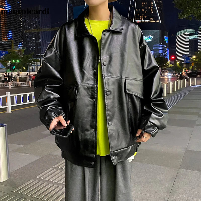HEARUJOY  -  Spring Oversized Black Soft Waterproof Pu Leather Jacket Men Long Sleeve Casual Loose Korean Fashion Streetwear