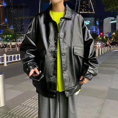 HEARUJOY  -  Spring Oversized Black Soft Waterproof Pu Leather Jacket Men Long Sleeve Casual Loose Korean Fashion Streetwear