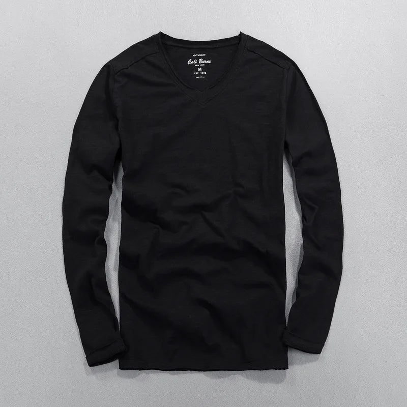 HEARUJOY  -  Fashionable Bamboo Cotton Long Sleeve Vintage T-shirts Men Casual Thin Tops Tees Comfortable Tshirt Distressed T-shirt