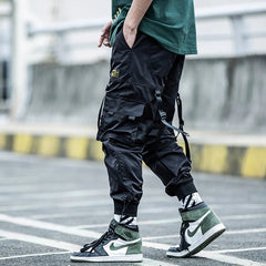 Hearujoy Cargo Pants Men Joggers Streetwear Ankle-length Pants Ribbons Elastic Waist Black Pant Hip Hop Male DG166