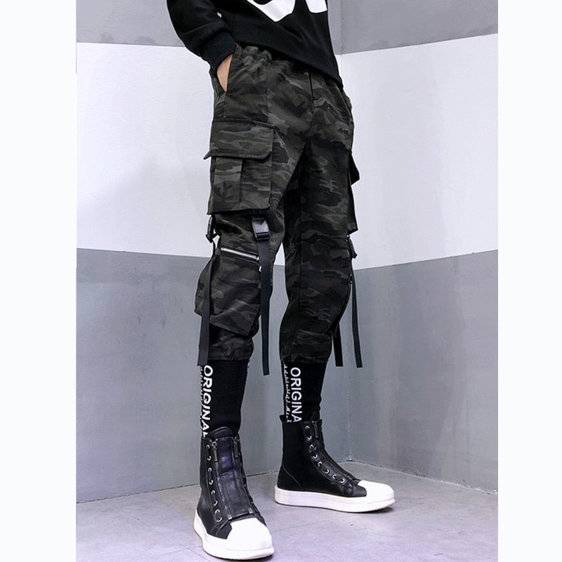 Hearujoy Camouflage Tactical Functional Cargo Pants Joggers Men Ribbons Multi-pocket Trousers Hip Hop Streetwear Harem Pant Black WB236