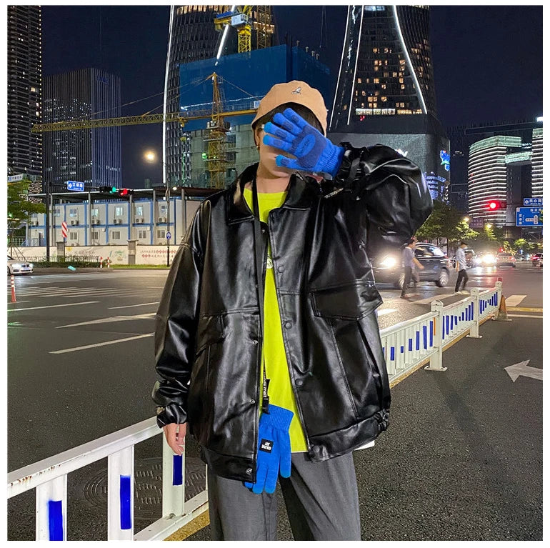 HEARUJOY  -  Spring Oversized Black Soft Waterproof Pu Leather Jacket Men Long Sleeve Casual Loose Korean Fashion Streetwear