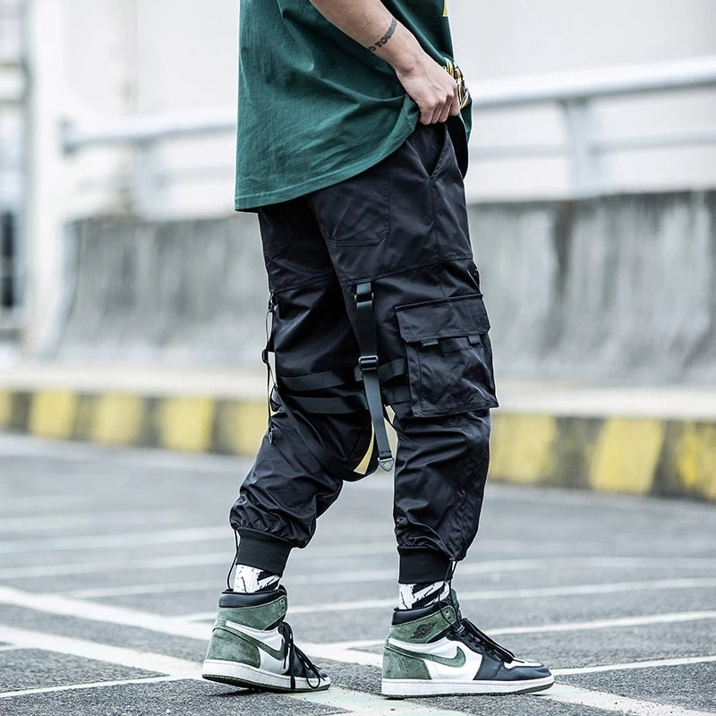 Hearujoy Cargo Pants Men Joggers Streetwear Ankle-length Pants Ribbons Elastic Waist Black Pant Hip Hop Male DG166