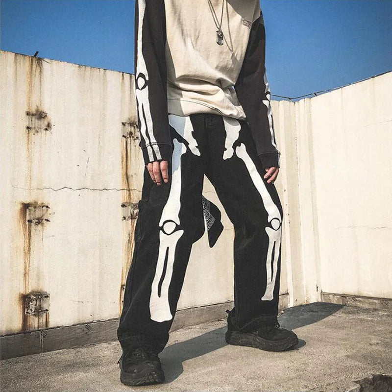 Hearujoy Men Jeans Skeleton Oversized Straight jeans Black Pants Denim Mens Streetwear Hip Hop Harem Pants High Wasit Denim Pants