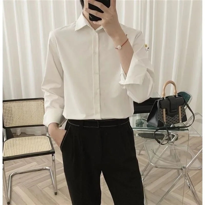 Hearujoy Korean Fashion Four Seasons Ice Silk Men Shirt High Quality Button Long Sleeve Casual Solid Color Loose Men's Dress Shirt