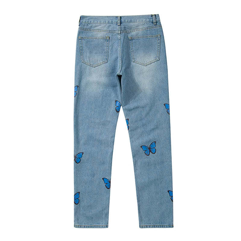 Hearujoy Harajuku Butterfly Print Washed Blue Jenas Pants for Mens Retro Straight Vibe Style Ripped Casual Denim Trousers Oversized