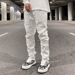 Hearujoy Harajuku Back Zipper Hole Ripped White Jeans Pants Mens Straight Washed Retro Oversized Streetwear Casual Denim Trousers