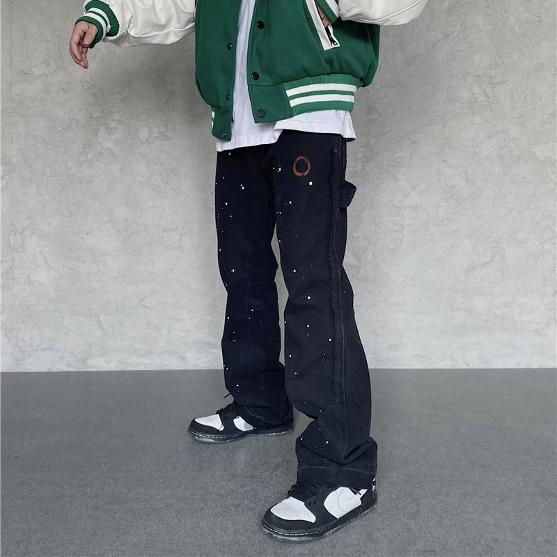 Hearujoy Streetwear Graffiti Cargo Flared Jeans Khaki Black Splash Ink Wide Leg Denim Pant Hip Hop Cargo Trousers Jean Men