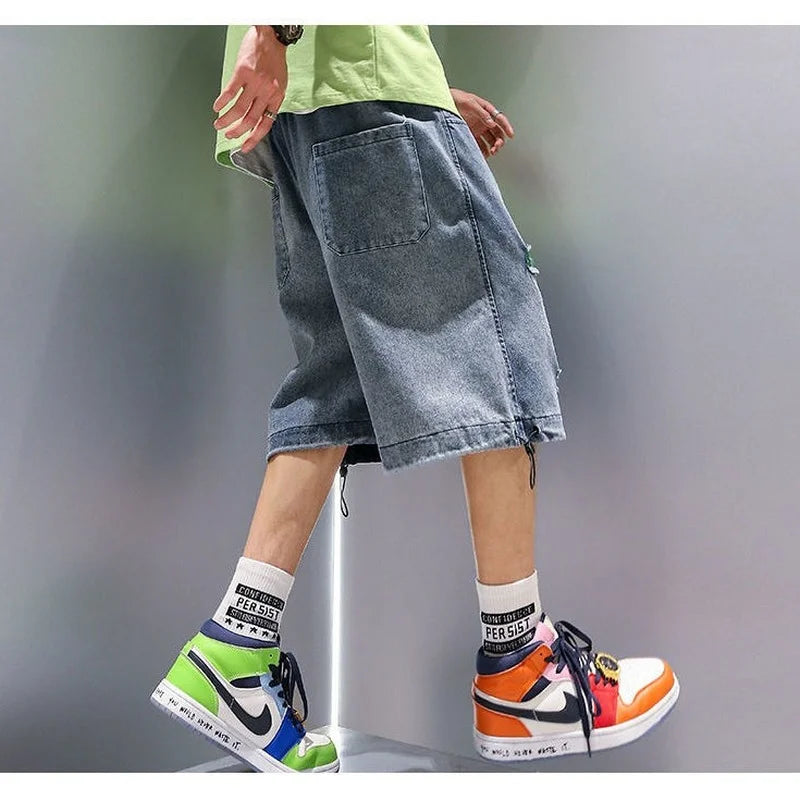 Hearujoy Black Baggy Short Jeans Men Denim Shorts Blue Ripped Jeans for Men Summer Japanese Hip Hop Jeans Streetwear Harajuku