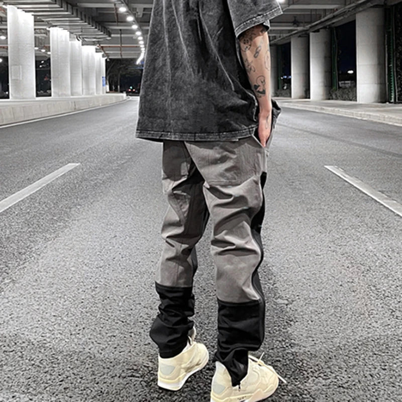 Hearujoy Ankle Zipper Color Block Streetwear Straight Casual Cargo Pants for Men Drawstring Harajuku Oversize Hip Hop Loose Trousers