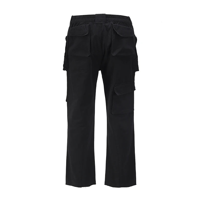 Hearujoy Harajuku Multi-pockets Straight Flare Pants Mens High Street Elastic Waist Solid Loose Casual Cargo Pants Hip Hop Baggy Trousers