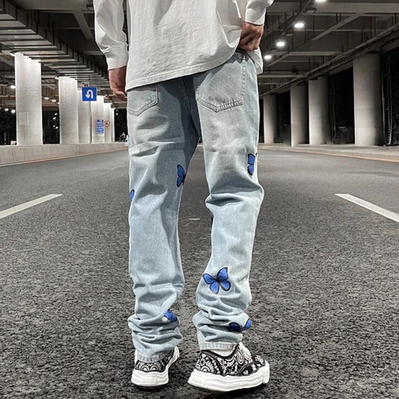 Hearujoy Harajuku Butterfly Print Washed Blue Jenas Pants for Mens Retro Straight Vibe Style Ripped Casual Denim Trousers Oversized