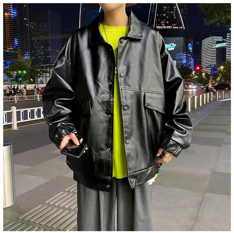 HEARUJOY  -  Spring Oversized Black Soft Waterproof Pu Leather Jacket Men Long Sleeve Casual Loose Korean Fashion Streetwear