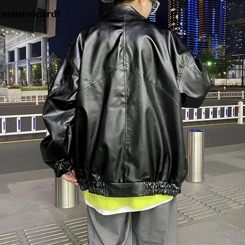 HEARUJOY  -  Spring Oversized Black Soft Waterproof Pu Leather Jacket Men Long Sleeve Casual Loose Korean Fashion Streetwear