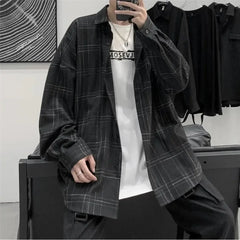 Hearujoy Japanese Fashion Spring Plaid Shirt Men Long Sleeve Handsome All-match Casual Loose Summer Oversized Vintage Harajuku Shirt