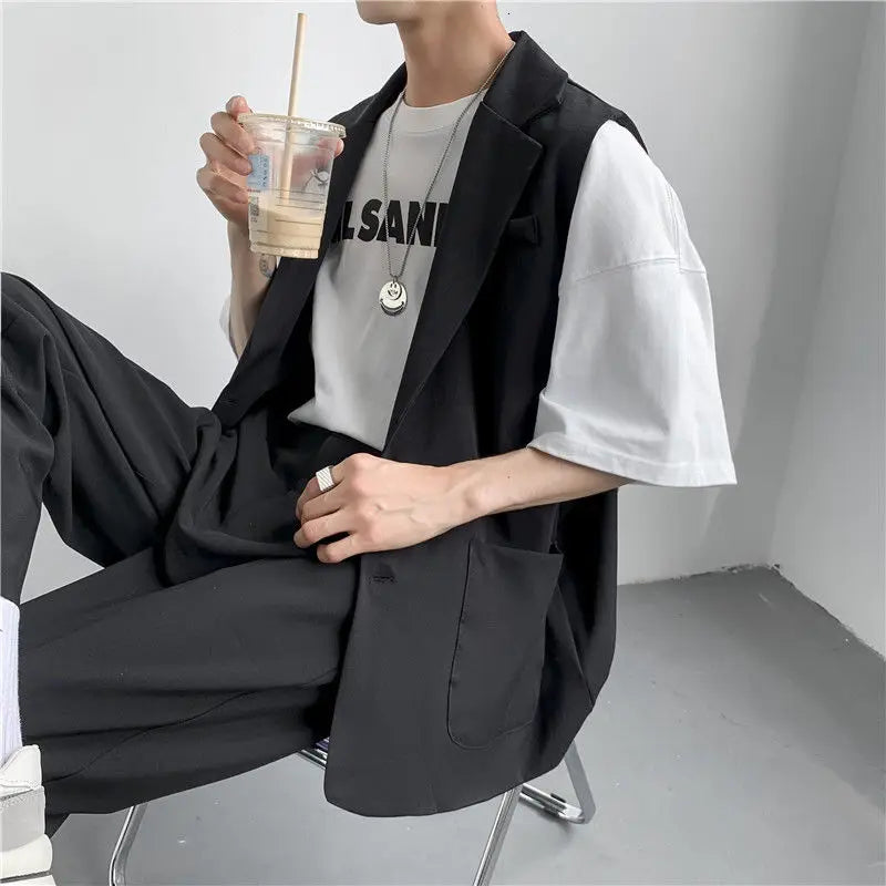 Hearujoy Spring Suit Vest Men's Fashion Gray Black Dress Jacket Men Suit Jacket Korean Loose Business Society Mens Blazer Vest M-2XL