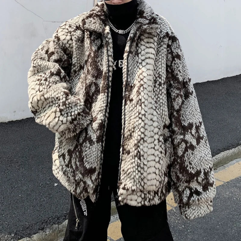 Hearujoy winter streetwear fashion hip-hop new snake print imitation fur plush warm cotton jacket male Korean long-sleeved Outerwear