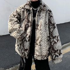 Hearujoy winter streetwear fashion hip-hop new snake print imitation fur plush warm cotton jacket male Korean long-sleeved Outerwear