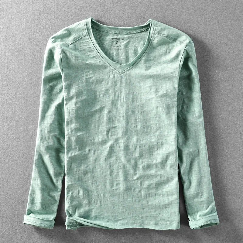 HEARUJOY  -  Fashionable Bamboo Cotton Long Sleeve Vintage T-shirts Men Casual Thin Tops Tees Comfortable Tshirt Distressed T-shirt