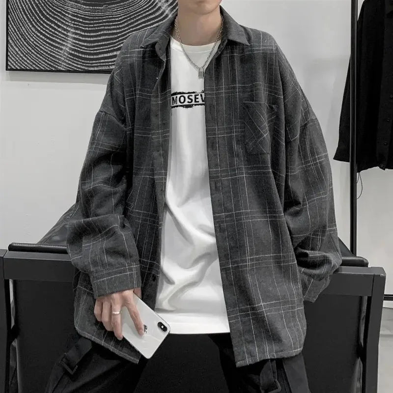 Hearujoy Japanese Fashion Spring Plaid Shirt Men Long Sleeve Handsome All-match Casual Loose Summer Oversized Vintage Harajuku Shirt