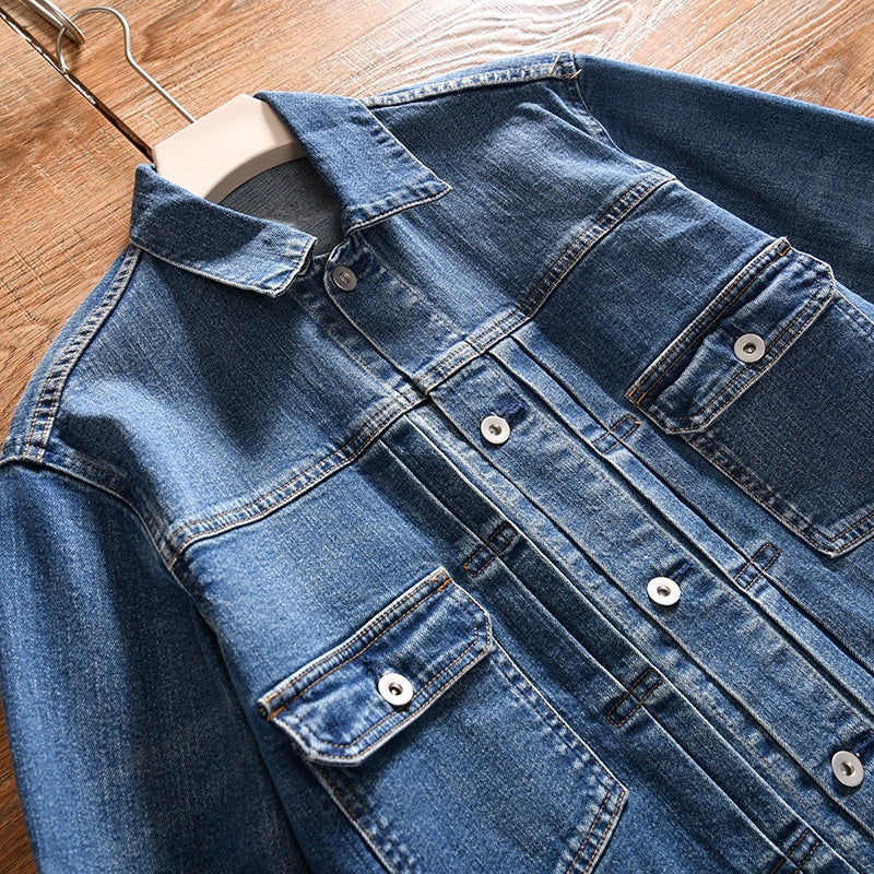 HEARUJOY  -  Amekaji High Quality Autumn and Winter Style Men's Denim Jacket Couple's Lapel Retro Washed Workwear Coat Trendy