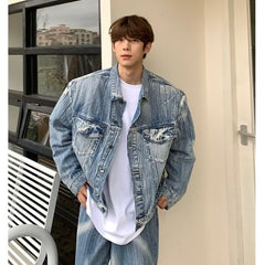 mens fashion New Men's Stitching Back Denim Coat Men's Washed Burr Profile Shoulder Pad Short Jacket Coat